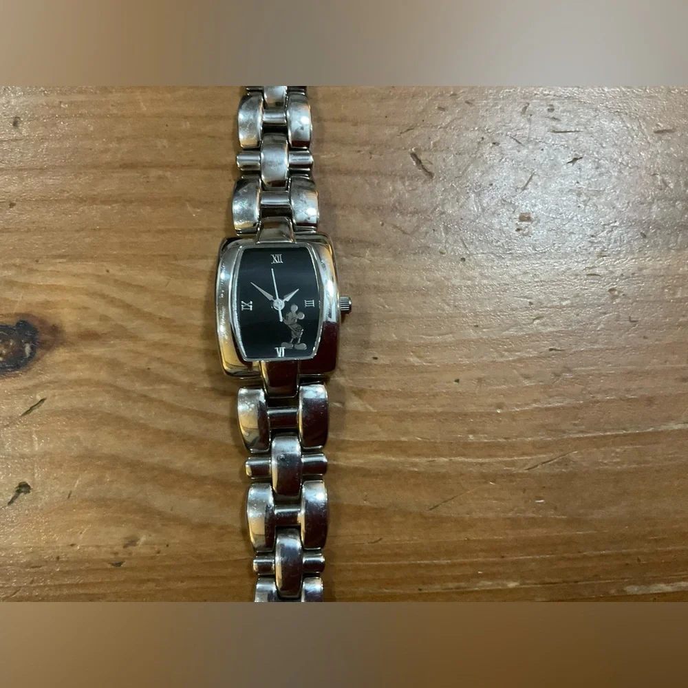 Disney: Mickey Mouse black dial ladies bracelet link silver quartz wrist watch.